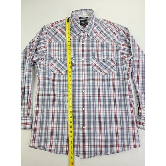 Ariat Stretch Medium Mens White Burgundy Gray Check Embroidered Logo Pearl Snap - Picture 11 of 12